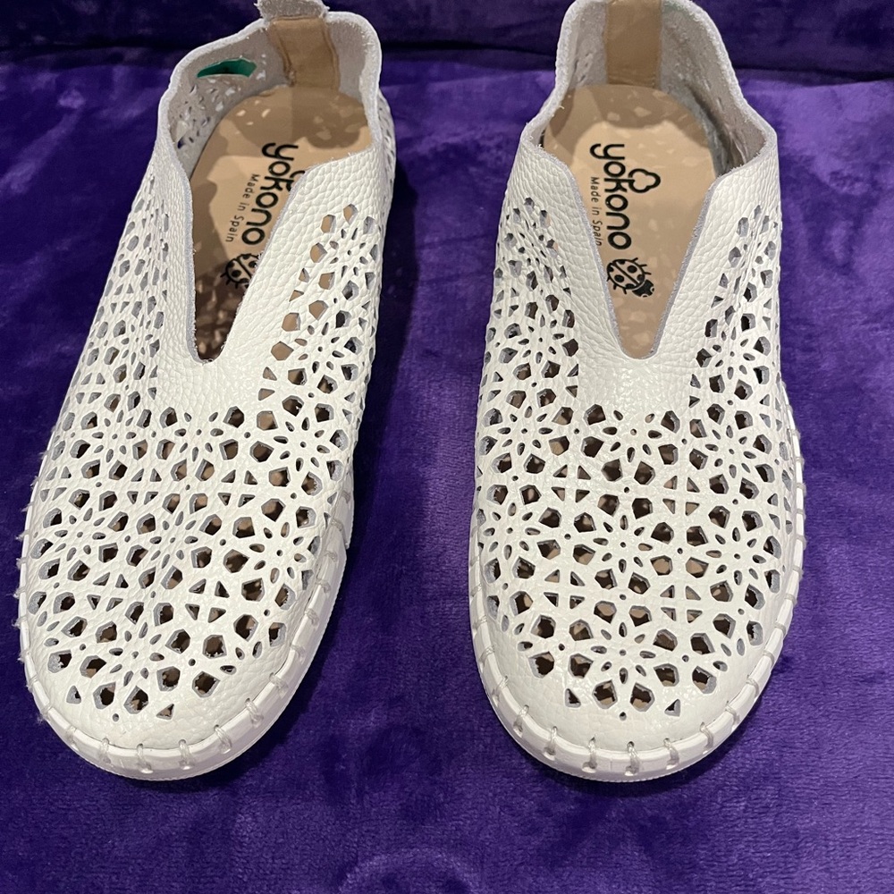 Yokono White Eyelet Leather Slip Ins for Women-Made in Spain